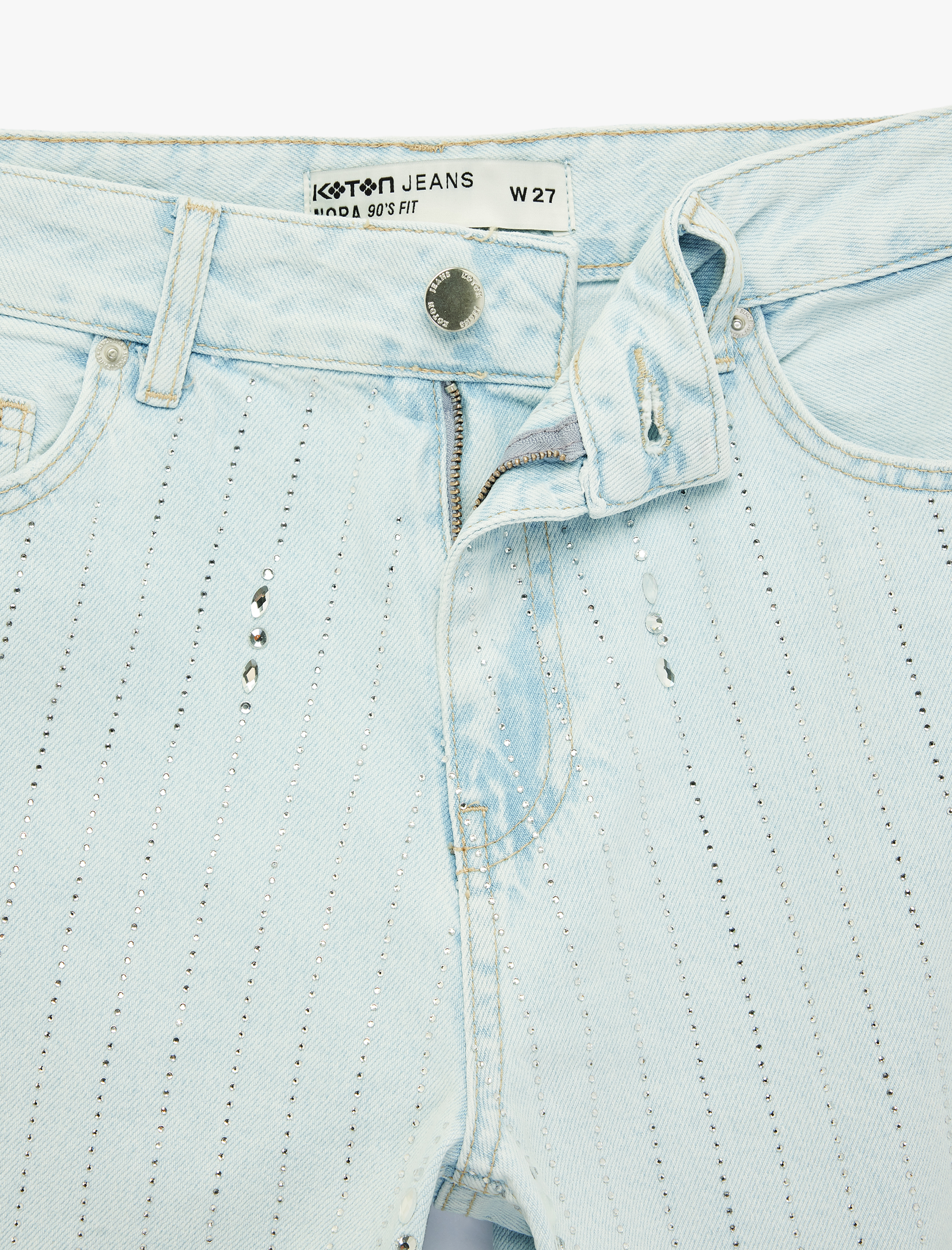   Uzun Düz Paça Normal Bel Cepli Düğmeli Taşlı Denim Pantolon - Longer Straight Fit Jean