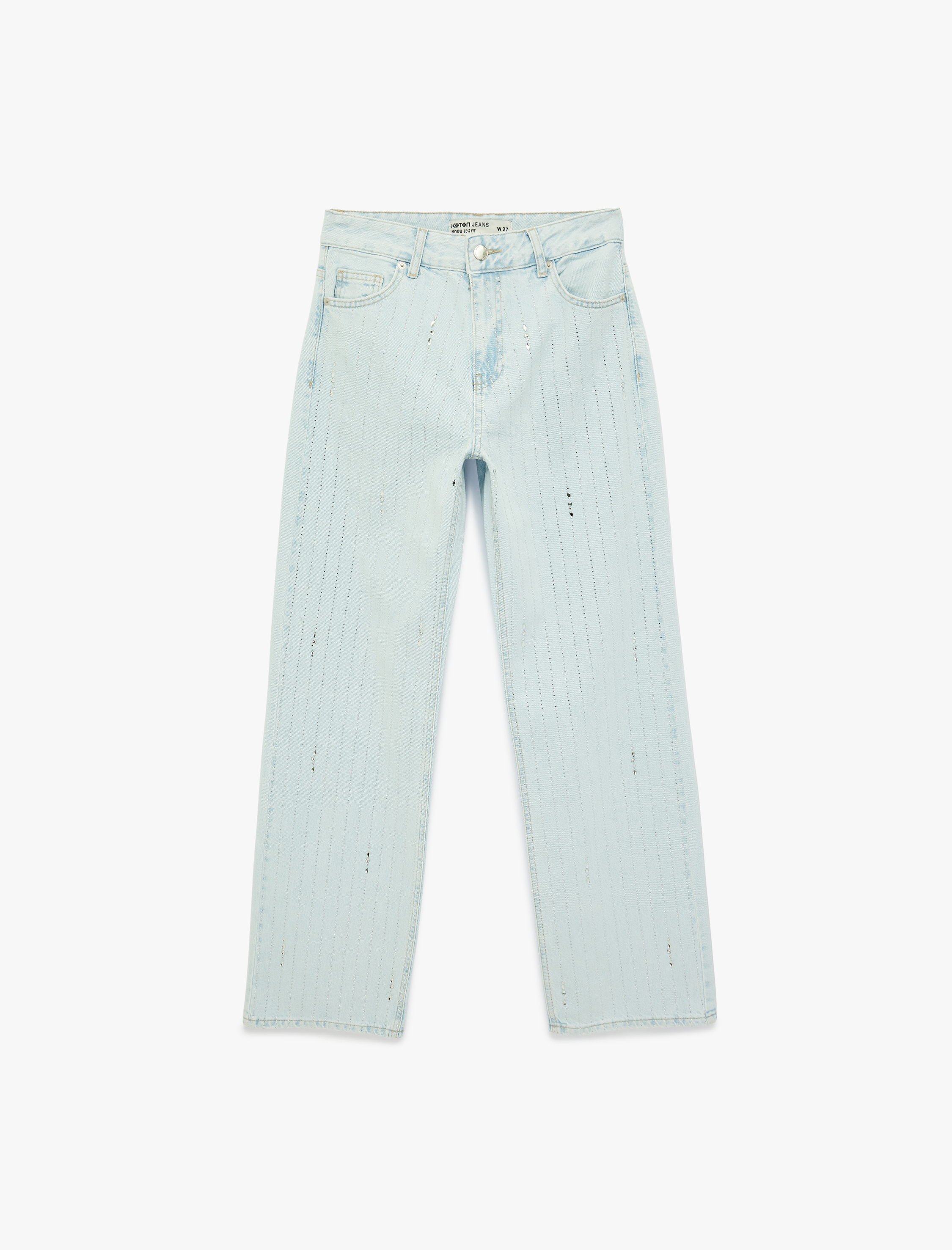   Uzun Düz Paça Normal Bel Cepli Düğmeli Taşlı Denim Pantolon - Longer Straight Fit Jean