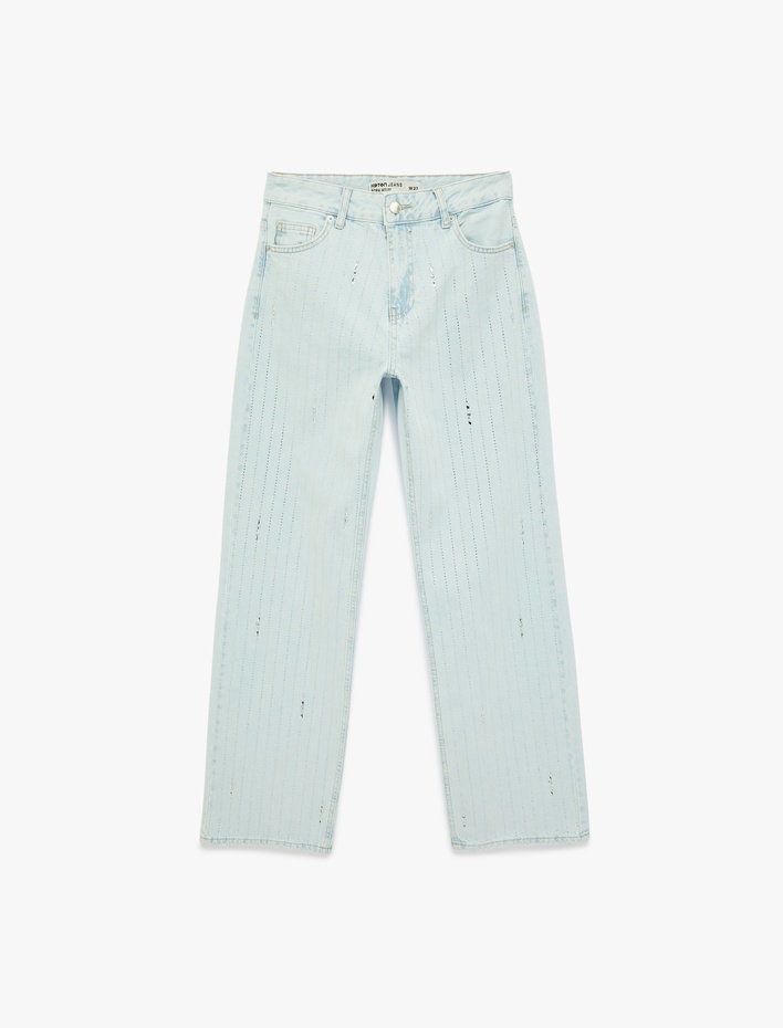  Uzun Düz Paça Normal Bel Cepli Düğmeli Taşlı Denim Pantolon - Longer Straight Fit Jean