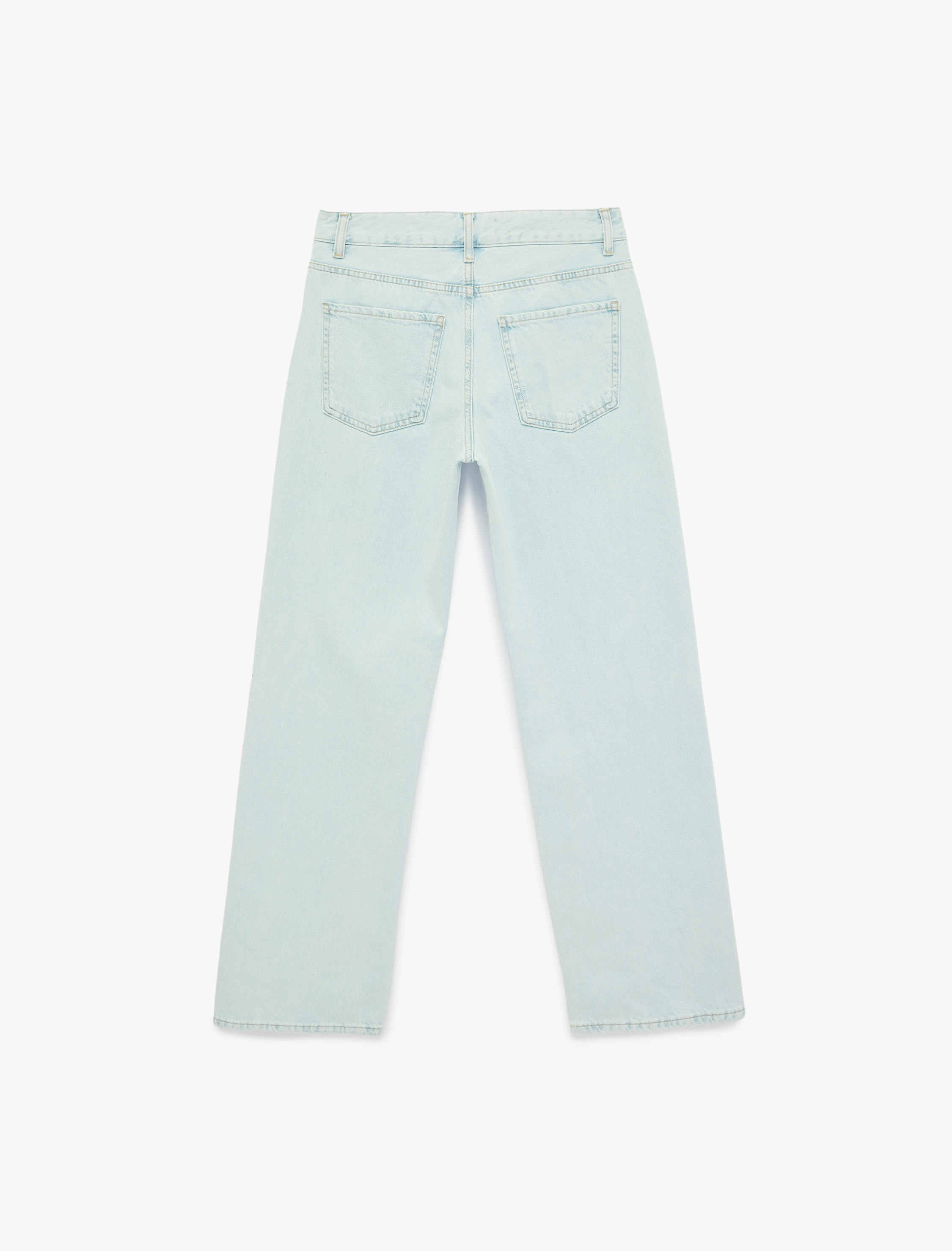   Uzun Düz Paça Normal Bel Cepli Düğmeli Taşlı Denim Pantolon - Longer Straight Fit Jean