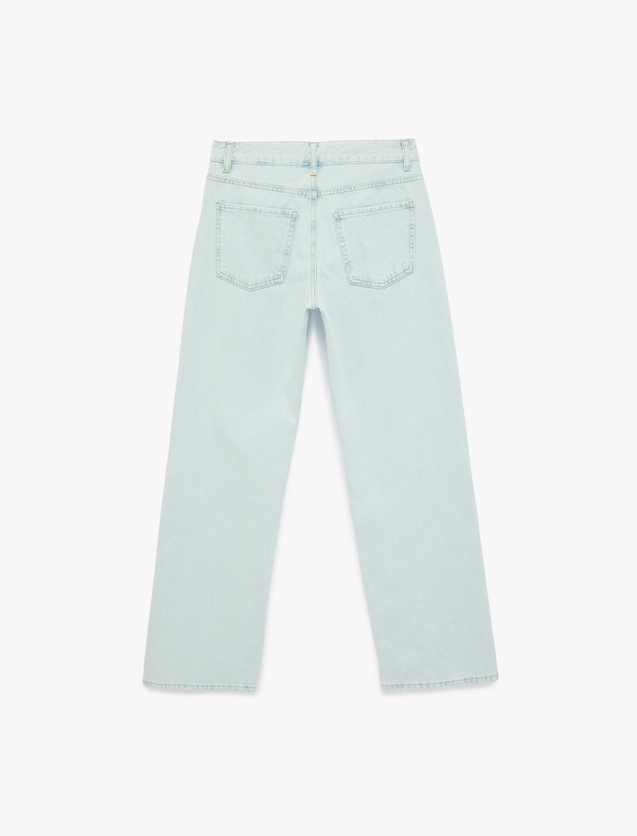  Uzun Düz Paça Normal Bel Cepli Düğmeli Taşlı Denim Pantolon - Longer Straight Fit Jean
