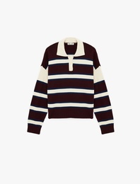 Düğmeli Çizgili Rahat Kalıp Polo Yaka Kazak