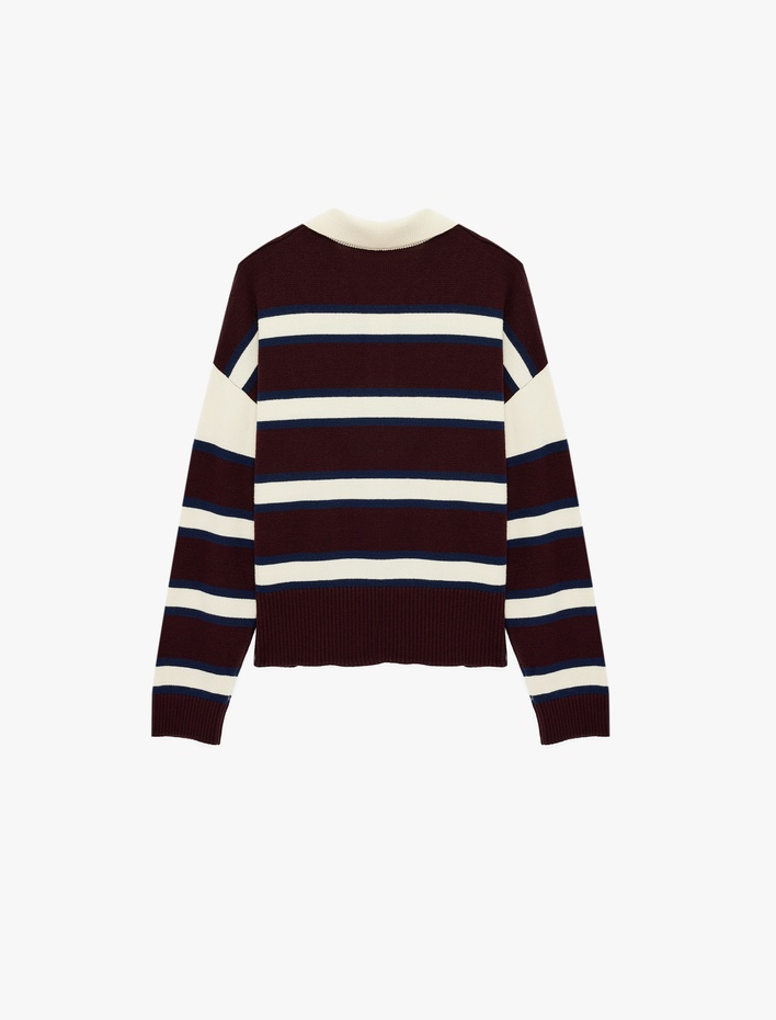  Düğmeli Çizgili Rahat Kalıp Polo Yaka Kazak