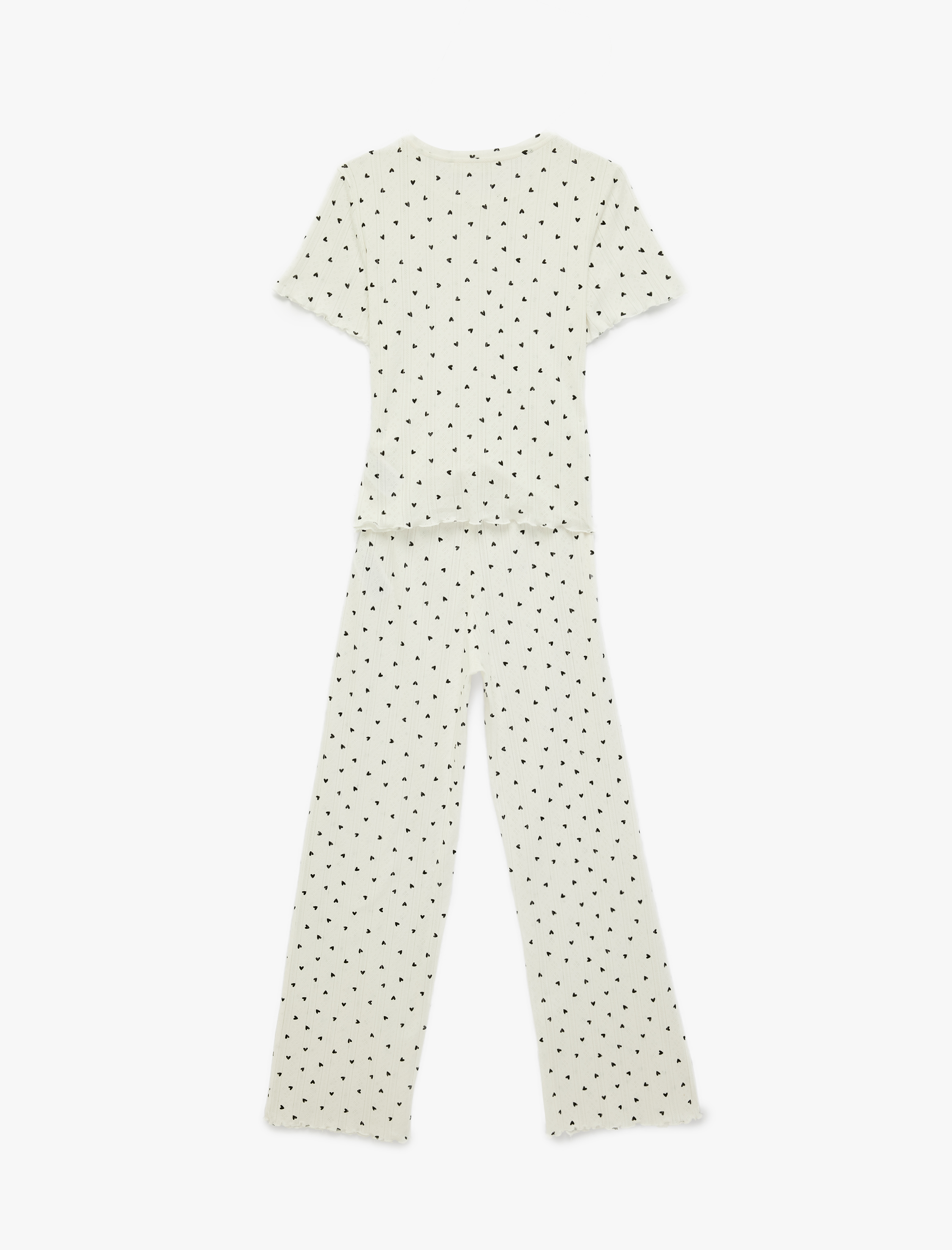   Kısa Kollu Bisiklet Yaka Kalp Desenli Pamuklu Pijama Takımı