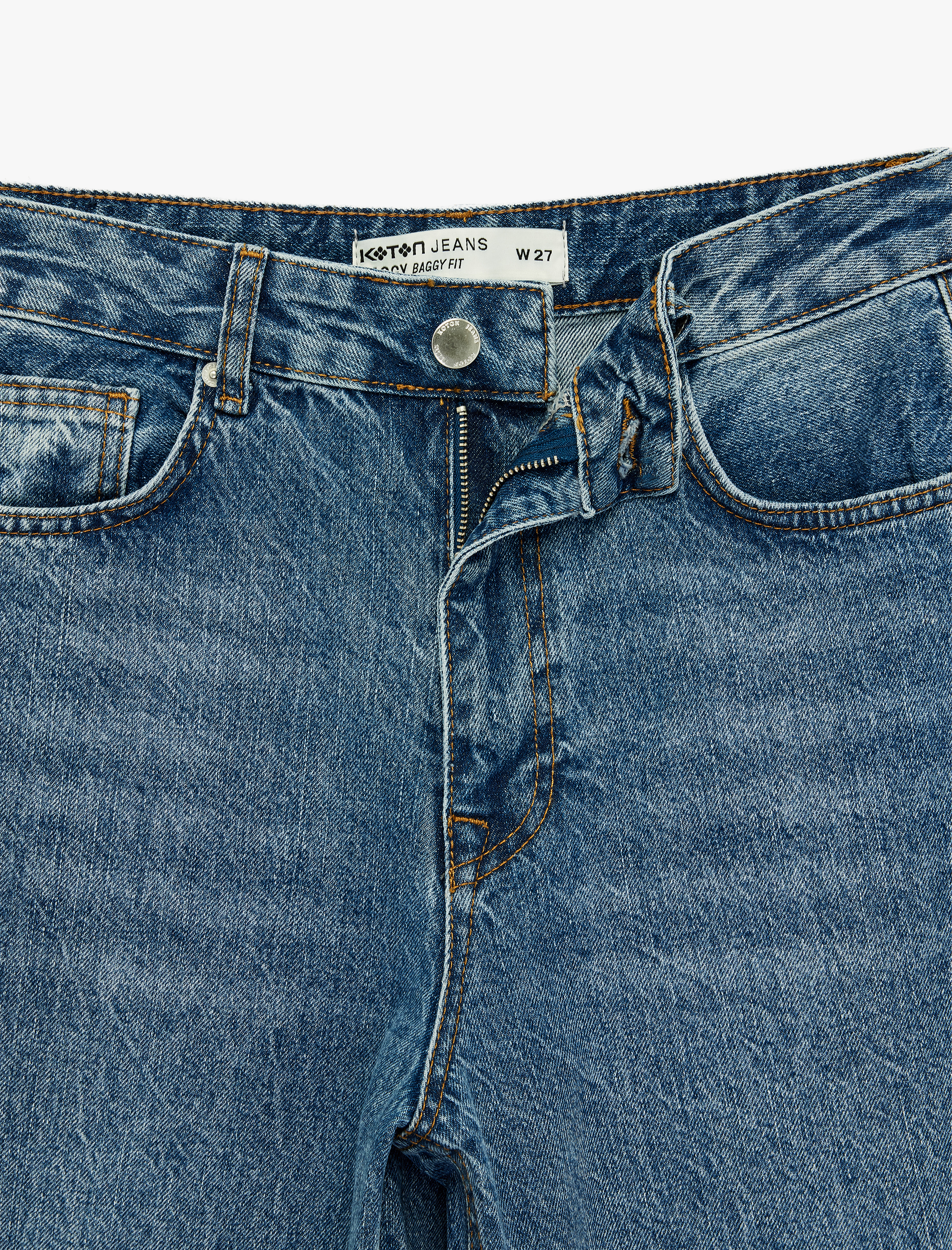   Normal Bel Cepli Düğmeli Düz Paça Bol Kalıp Denim Pantolon - Baggy Jean