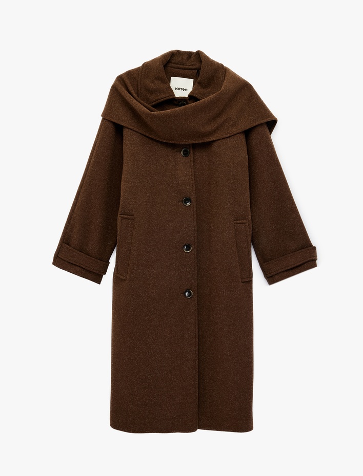  Uzun Kollu Cepli Düğmeli Atkılı Kaşe Kaban