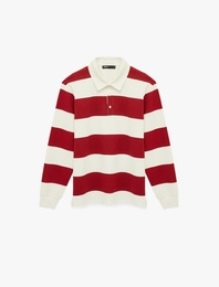 Uzun Kollu Pamuklu Düğmeli Polo Yaka Çizgili Sweatshirt