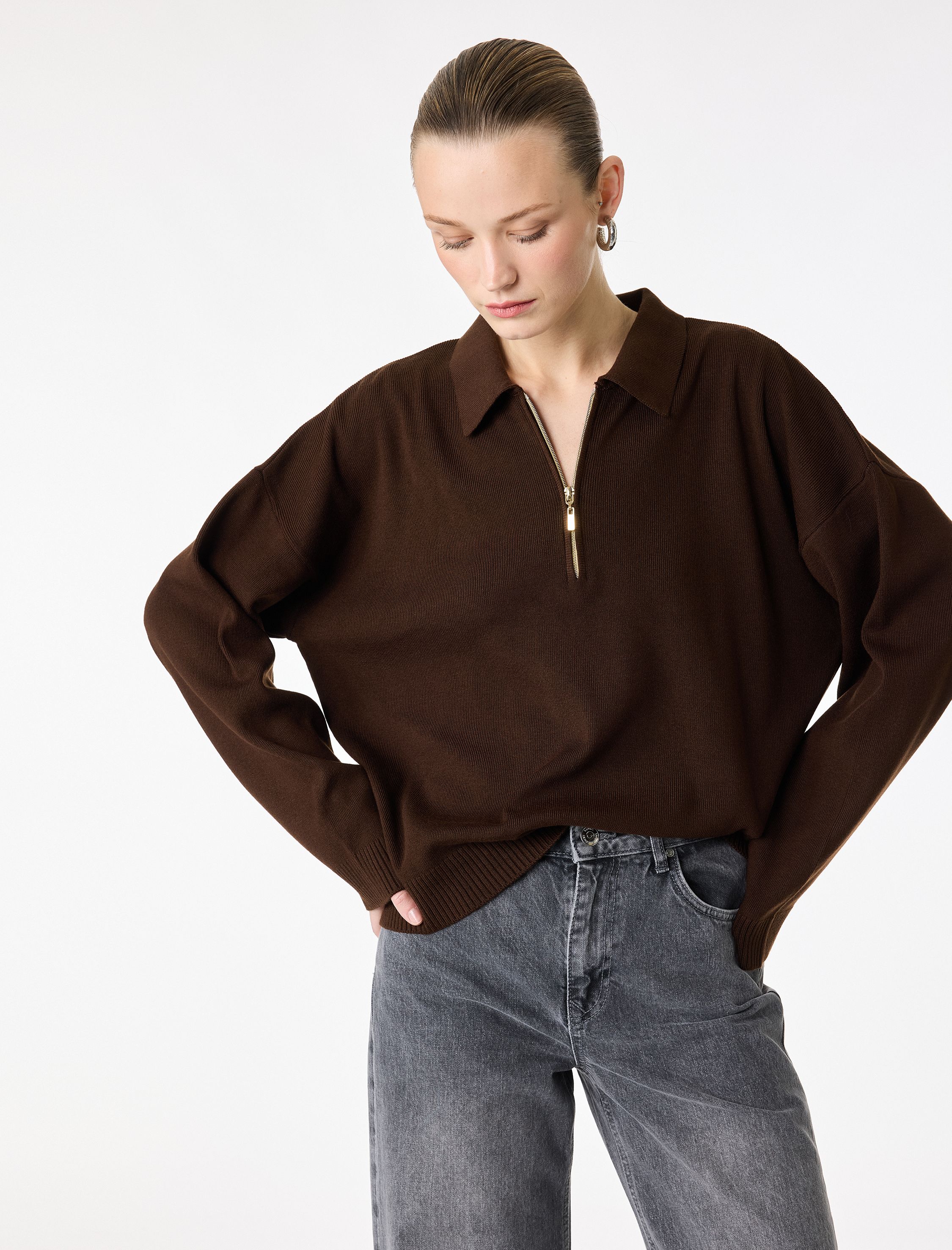 Koton Fermuarlı Polo Yaka Uzun Kollu Oversize Kazak görsel 2