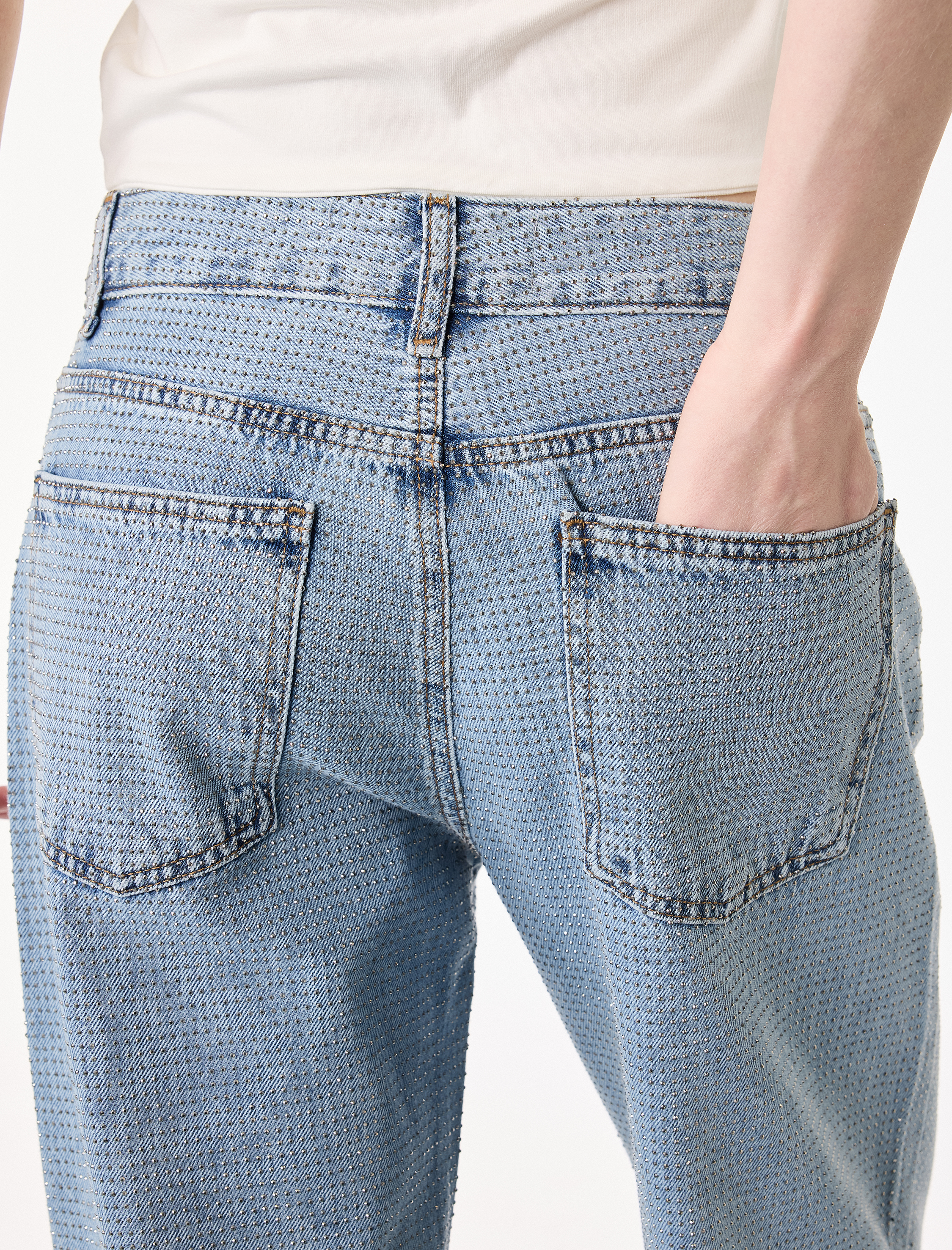   Cepli Uzun Düz Paça Taşlı Jean Pantolon - Straight Fit Jean