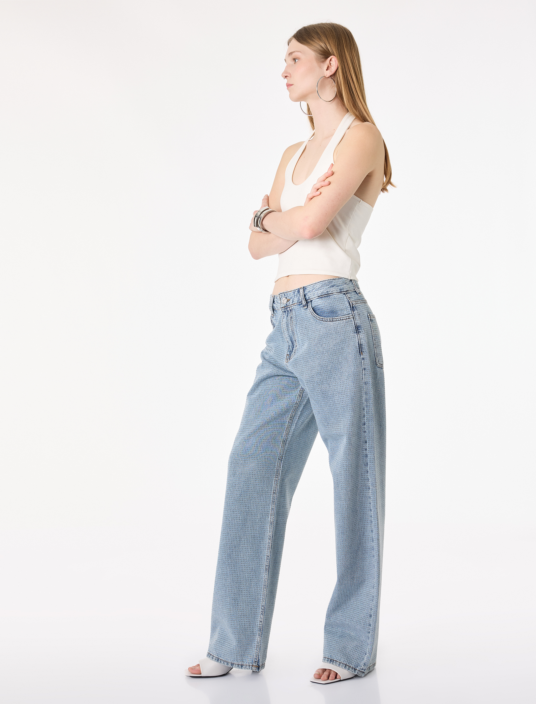   Cepli Uzun Düz Paça Taşlı Jean Pantolon - Straight Fit Jean