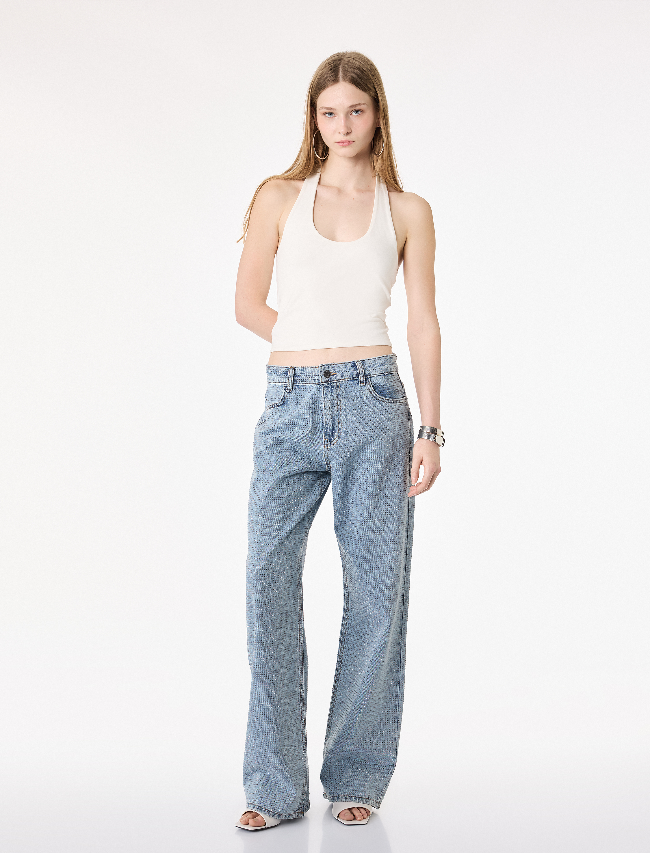   Cepli Uzun Düz Paça Taşlı Jean Pantolon - Straight Fit Jean