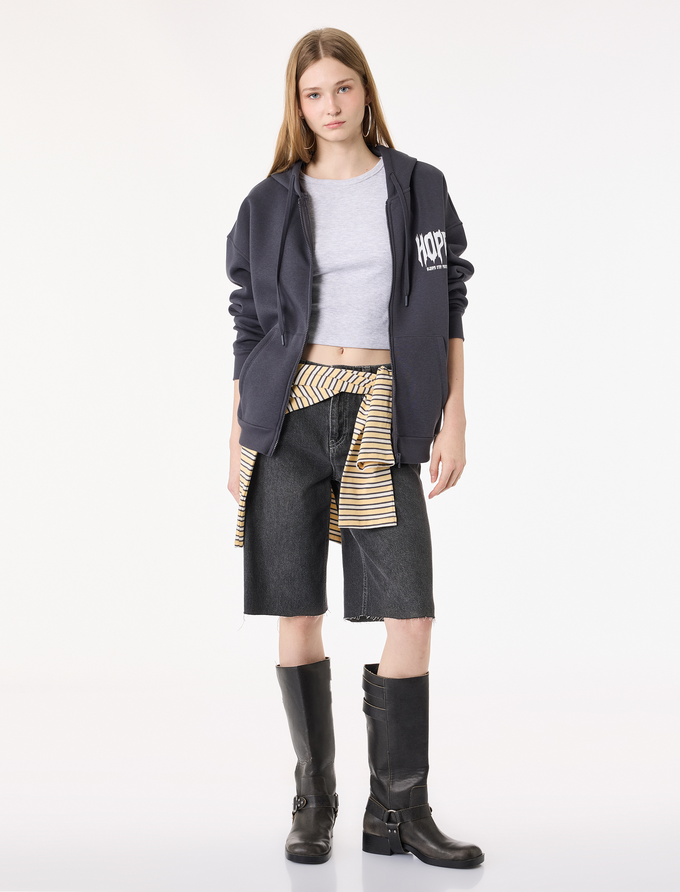   Arkası Baskılı Cepli Fermuarlı Kapüşonlu Oversize Sweatshirt