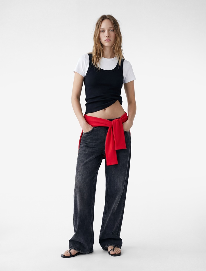  Pamuklu Cepli Düğmeli İspanyol Paça Crop Jean Pantolon -  Kick Flare Jeans