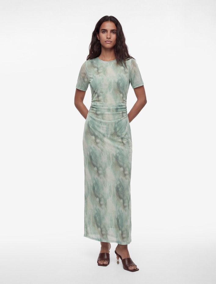  Kısa Kollu Bisiklet Yaka Midi Boy Desenli Kalem Tül Elbise