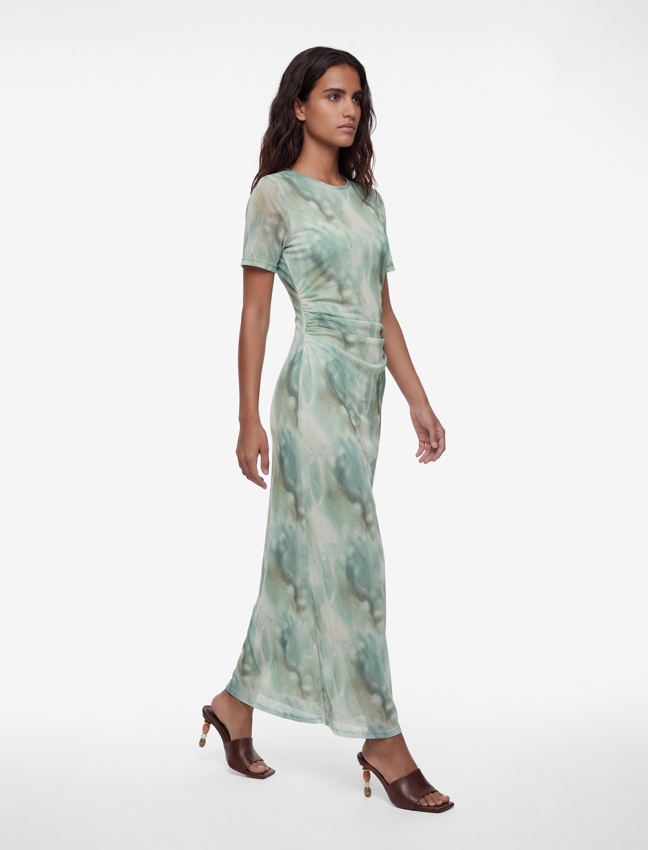   Kısa Kollu Bisiklet Yaka Midi Boy Desenli Kalem Tül Elbise