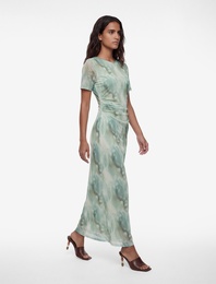 Kısa Kollu Bisiklet Yaka Midi Boy Desenli Kalem Tül Elbise