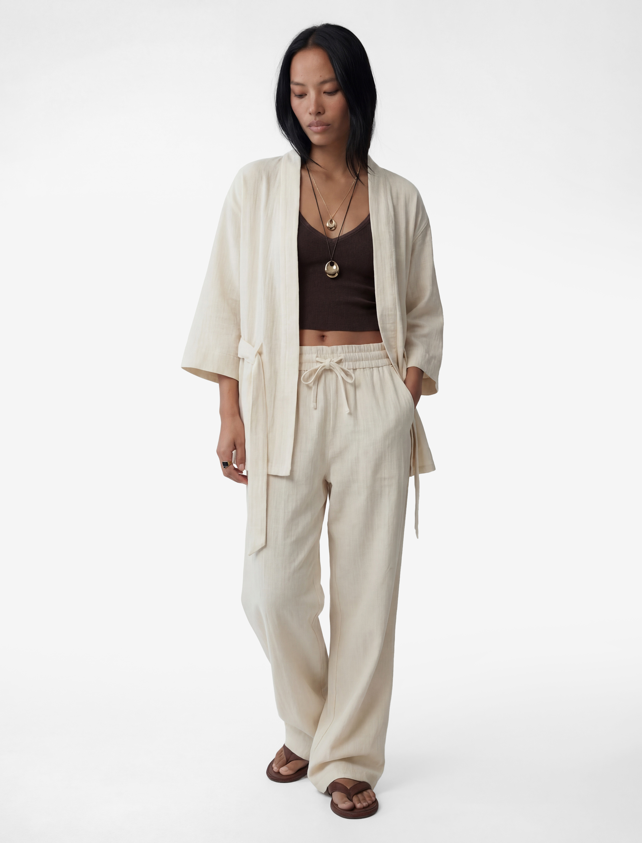   Uzun Kollu Viskon Karışımlı Kuşaklı Kimono