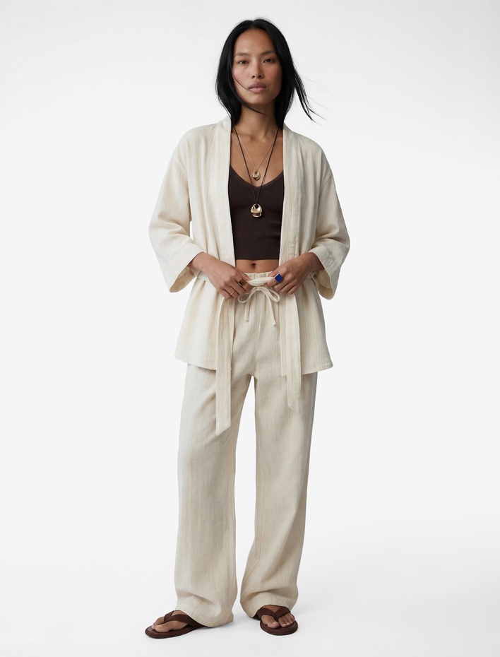  Uzun Kollu Viskon Karışımlı Kuşaklı Kimono