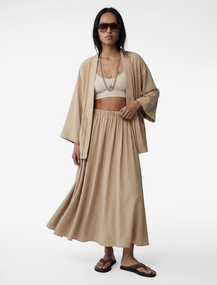  Modal Karışımlı Loose Fit Kloş Midi Etek