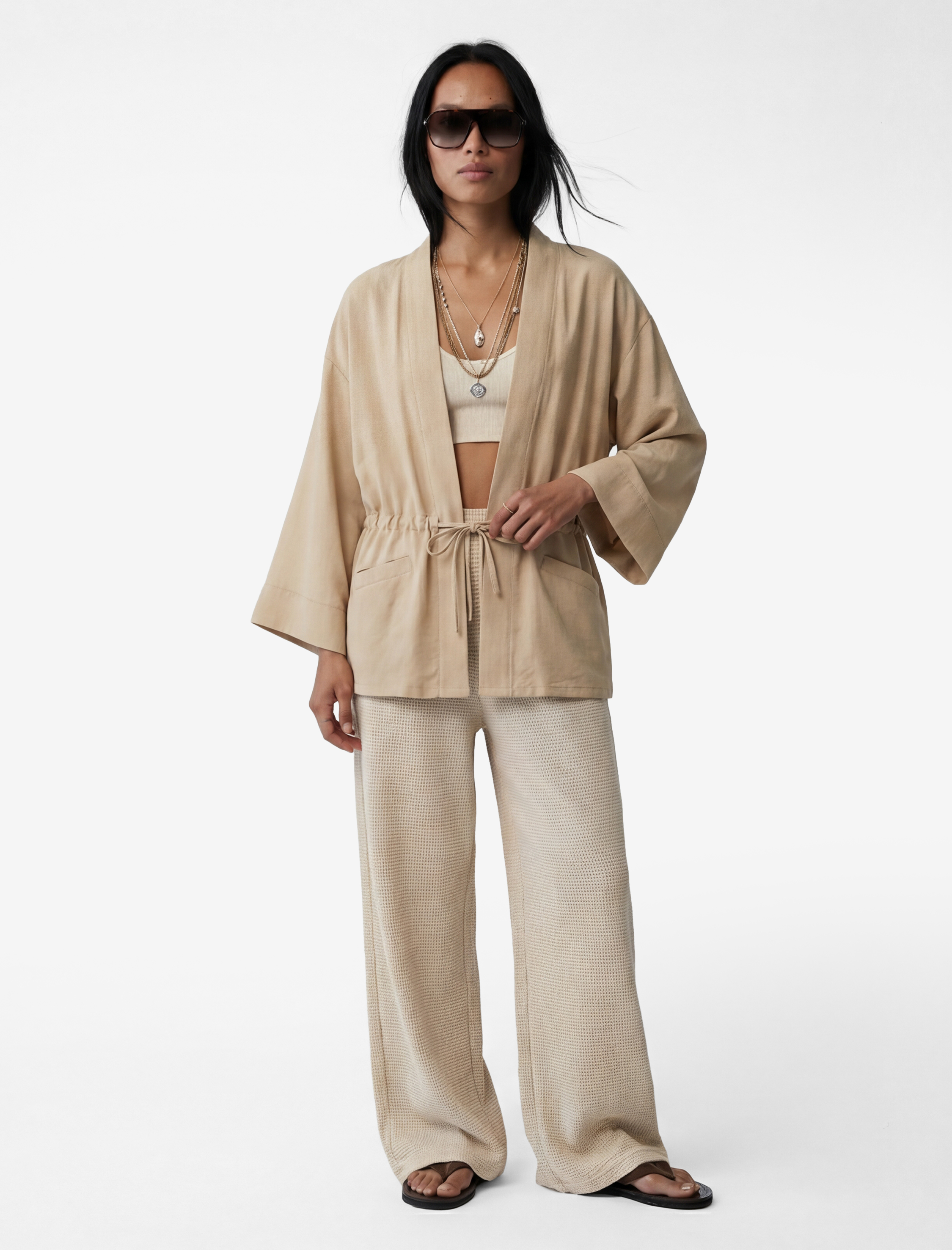   Mandarin Yaka Cepli 3/4 Kol Modal Karışımlı Beli Bağlamalı Kimono