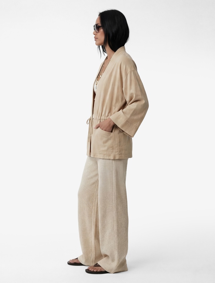  Mandarin Yaka Cepli 3/4 Kol Modal Karışımlı Beli Bağlamalı Kimono