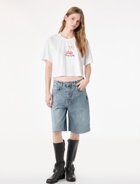 Rahat Kalıp Kısa Kollu Kiraz Baskılı Pamuklu Crop Tişört