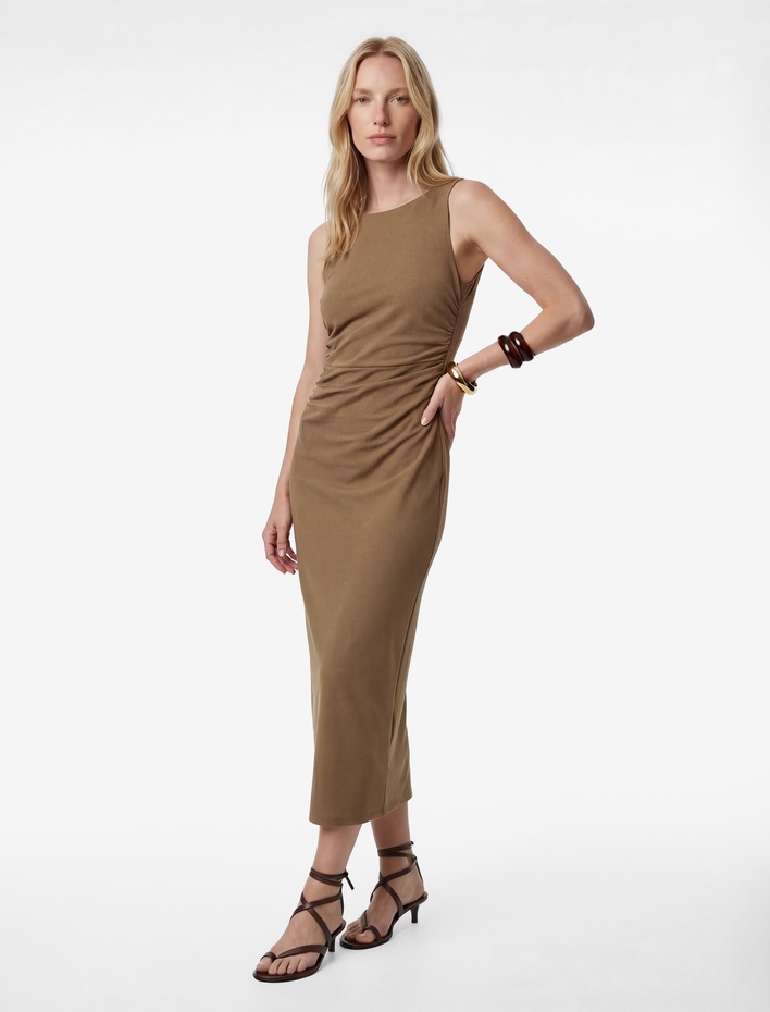  Drapeli Yuvarlak Yaka Askılı Midi Boy Elbise