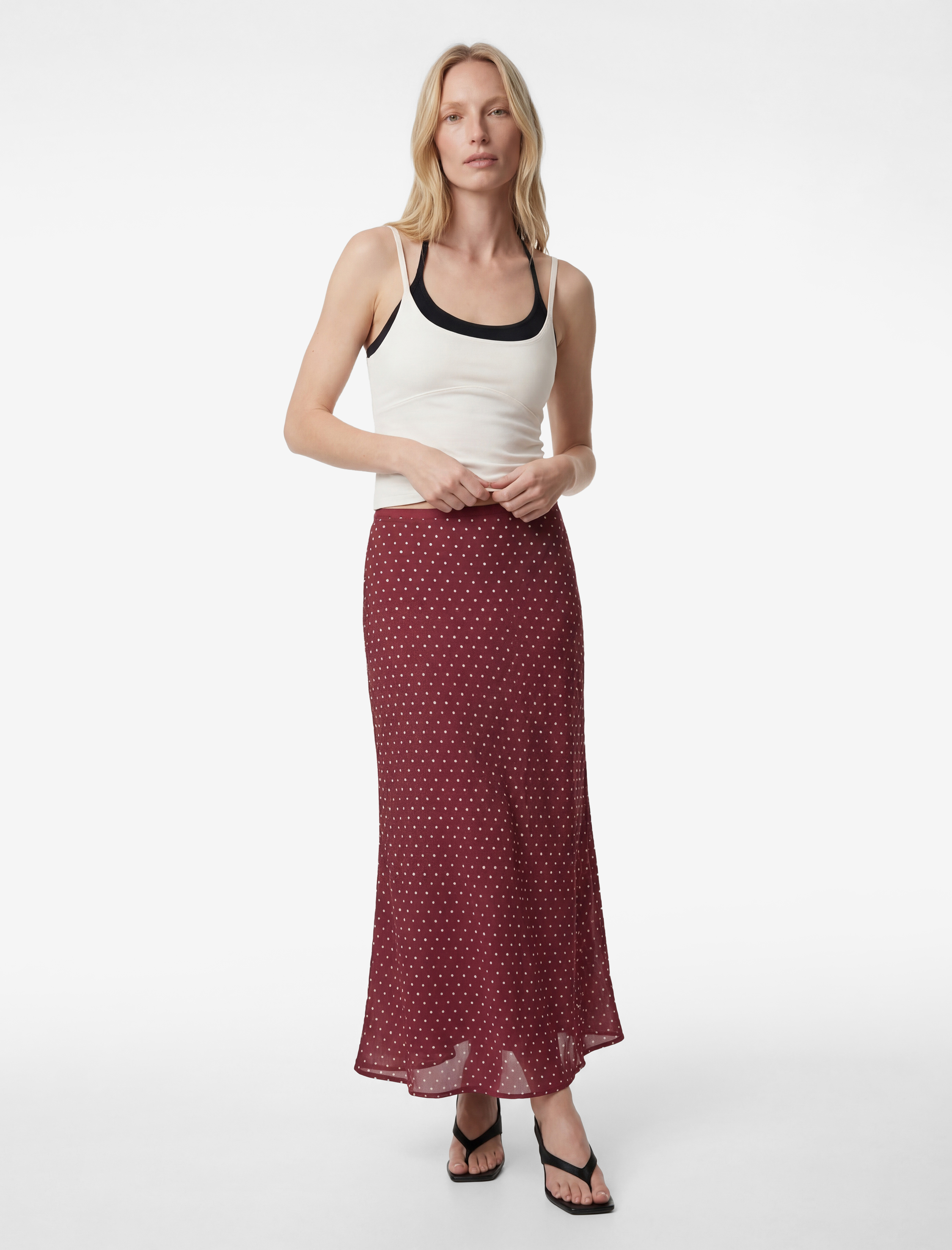   Balık Form Puantiyeli Saten Midi Etek