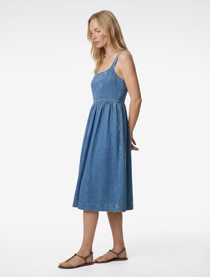  Volanlı Kare Yaka Kolsuz Midi Denim Elbise