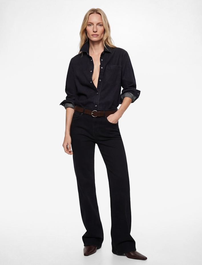  Dar Kesim Kemerli Düğmeli İspanyol Paça Denim Pantolon - Flare Jeans