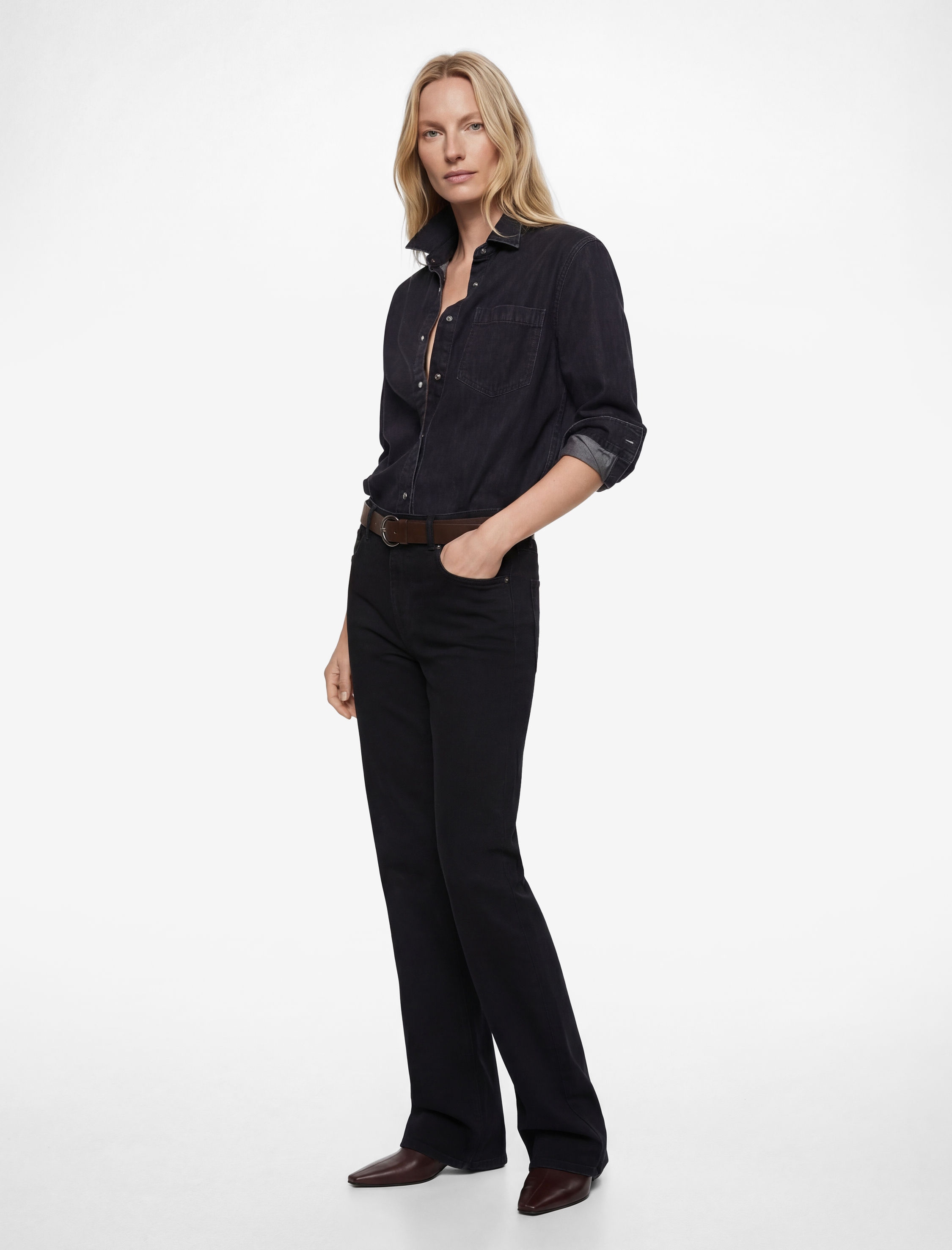   Dar Kesim Kemerli Düğmeli İspanyol Paça Denim Pantolon - Flare Jeans