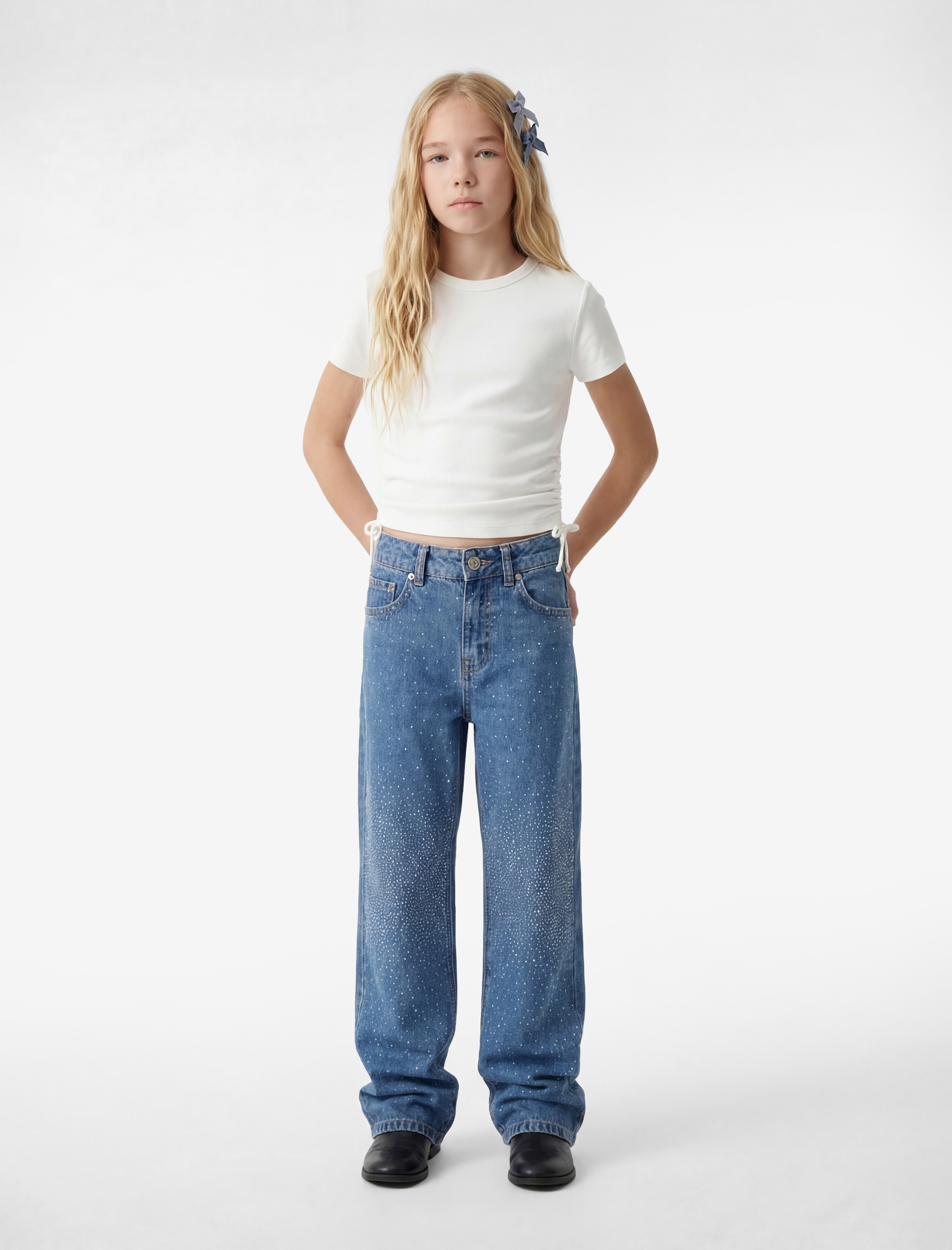  Kız Çocuk Pamuklu Cepli Normal Bel Loose Fit Geniş Paça Jean Pantolon