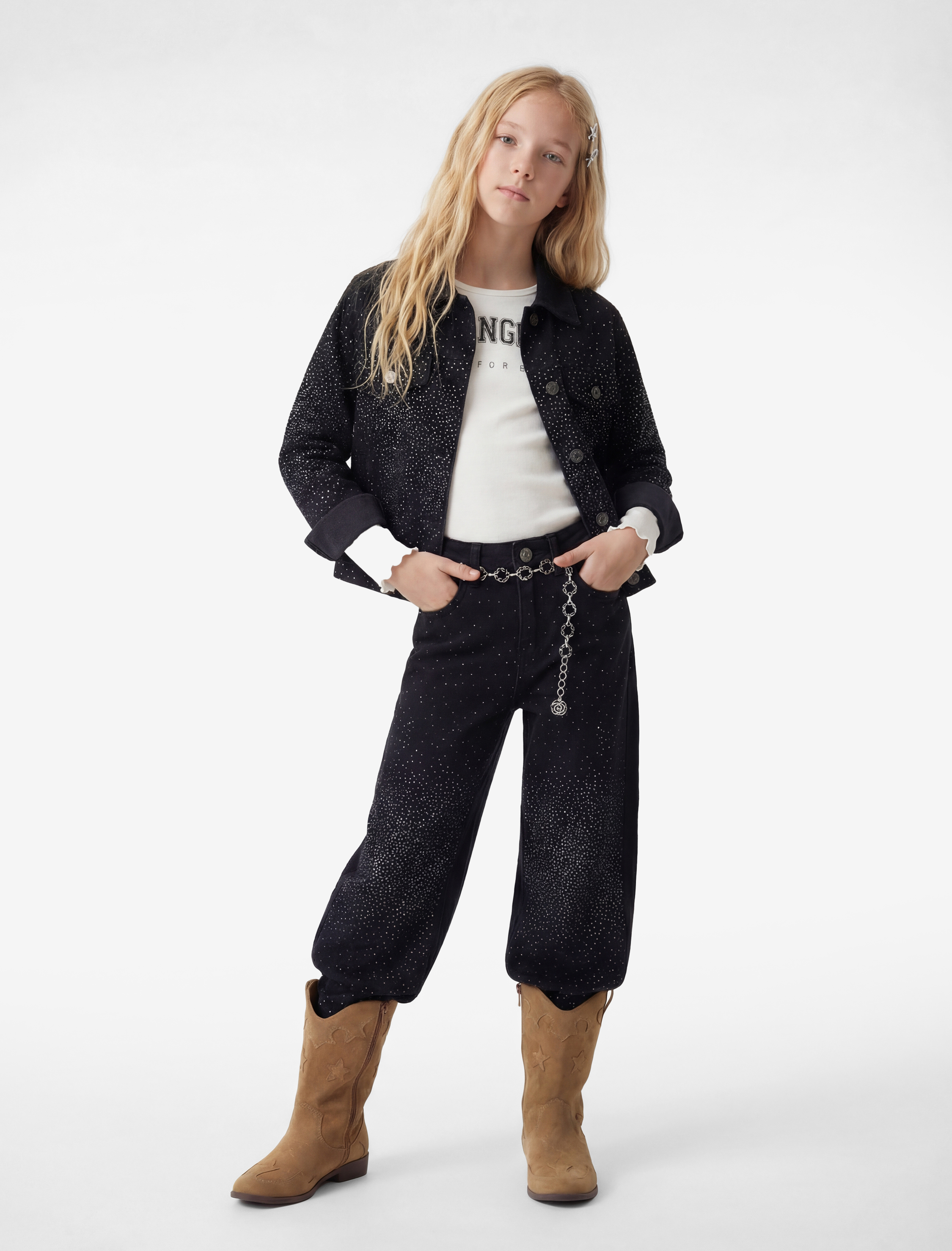  Kız Çocuk Pamuklu Cepli Taş Detaylı Geniş Paça Denim Pantolon