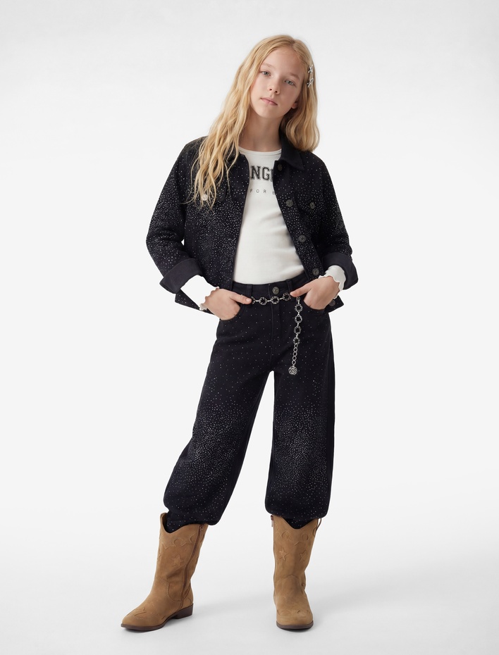 Kız Çocuk Pamuklu Cepli Taş Detaylı Geniş Paça Denim Pantolon