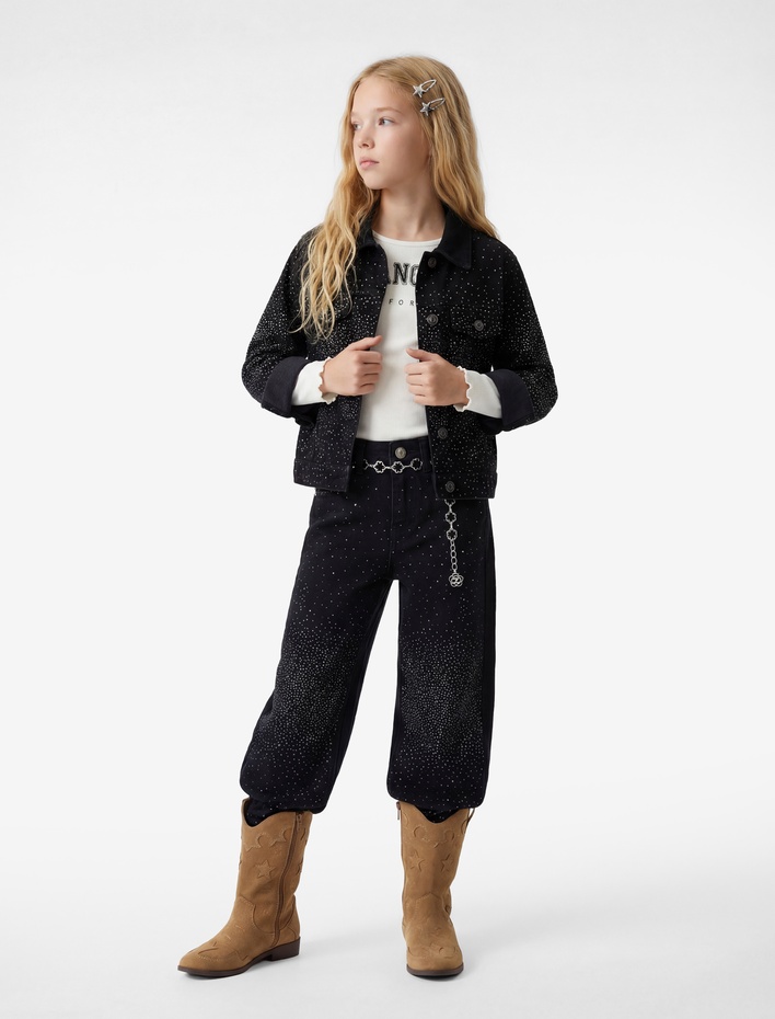 Kız Çocuk Pamuklu Cepli Taş Detaylı Geniş Paça Denim Pantolon