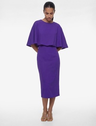 Yırtmaçlı Yuvarlak Yaka Volümlü Kısa Yarasa Kollu Midi Kalem Elbise