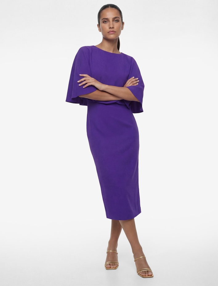  Yırtmaçlı Yuvarlak Yaka Volümlü Kısa Yarasa Kollu Midi Kalem Elbise