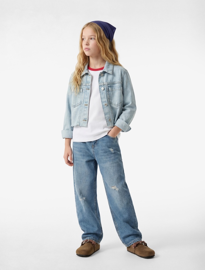 Kız Çocuk Pamuklu Cepli Mom Fit Denim Pantolon