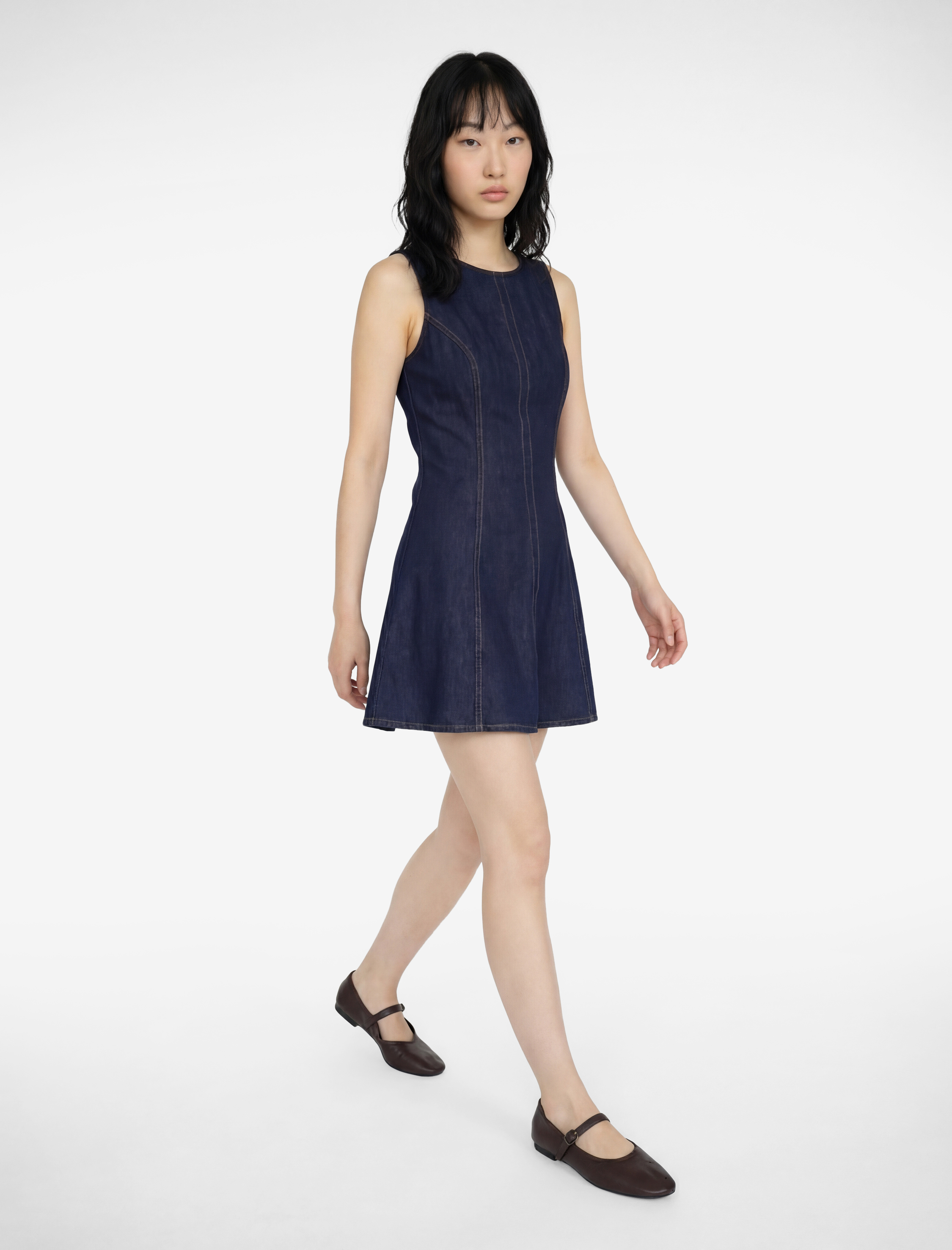   Kolsuz Bisiklet Yaka Volanlı Mini Denim Elbise