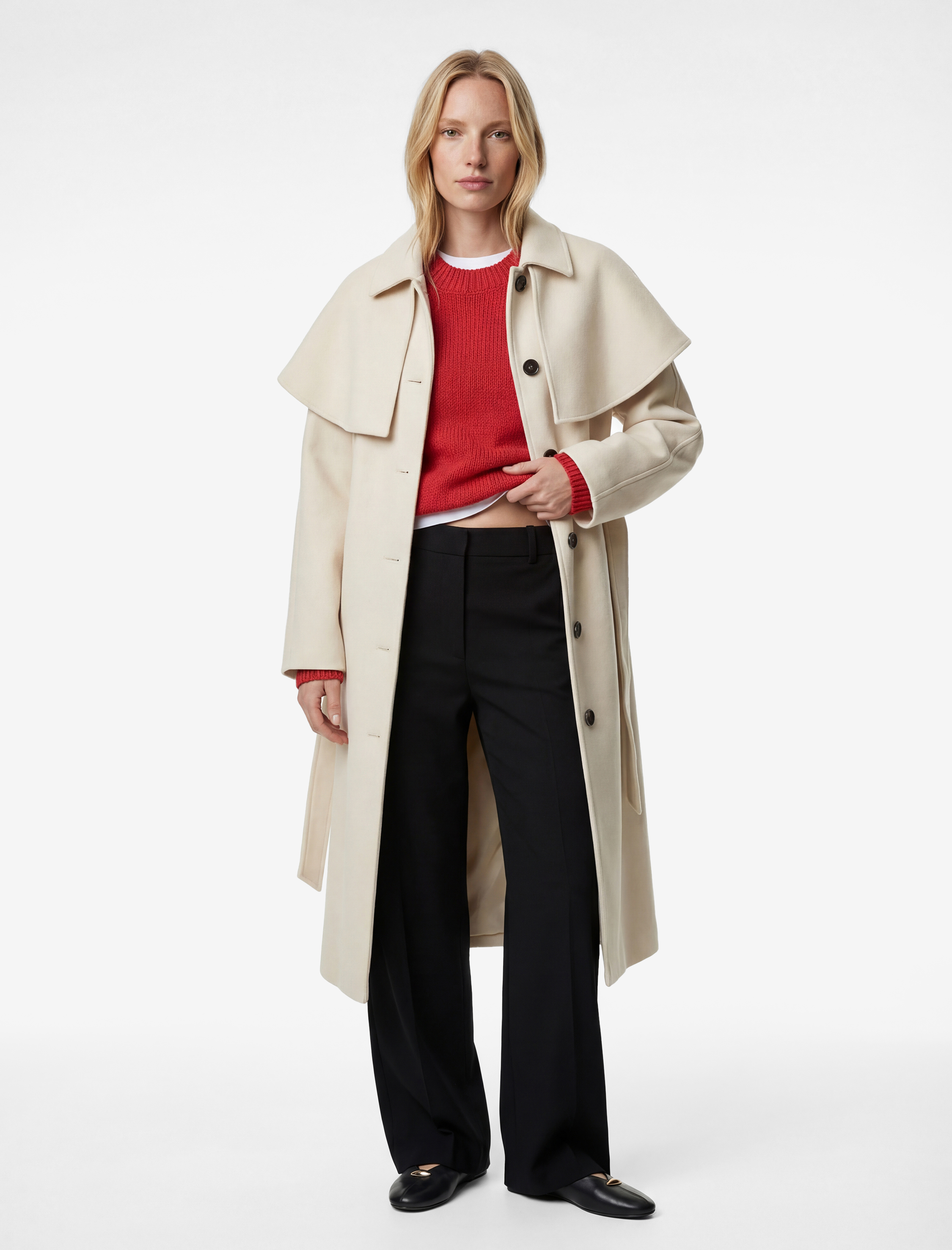   Uzun Pelerin Kaban Kaşe Kemerli Cepli Düğmeli