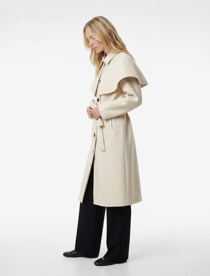  Uzun Pelerin Kaban Kaşe Kemerli Cepli Düğmeli