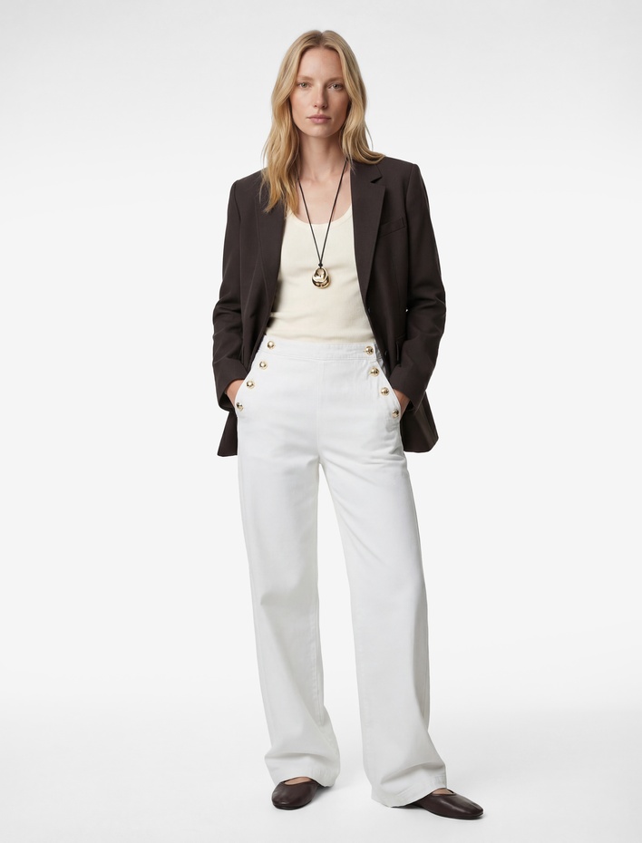  Düğme Detaylı Cepli Geniş Paça Denim Pantolon -  Wide Leg Jeans