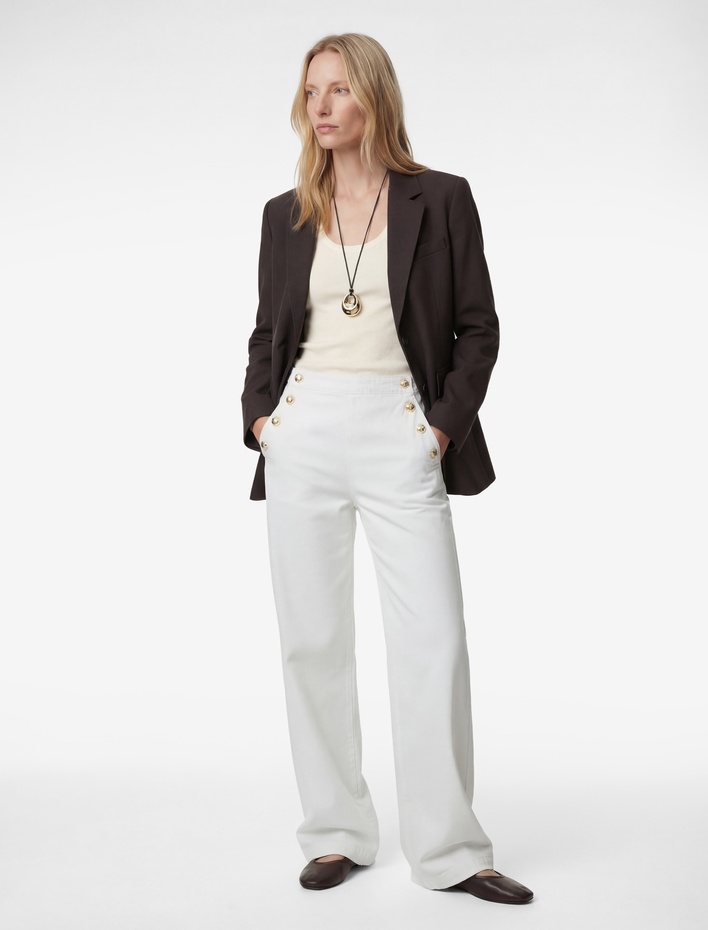  Düğme Detaylı Cepli Geniş Paça Denim Pantolon -  Wide Leg Jeans