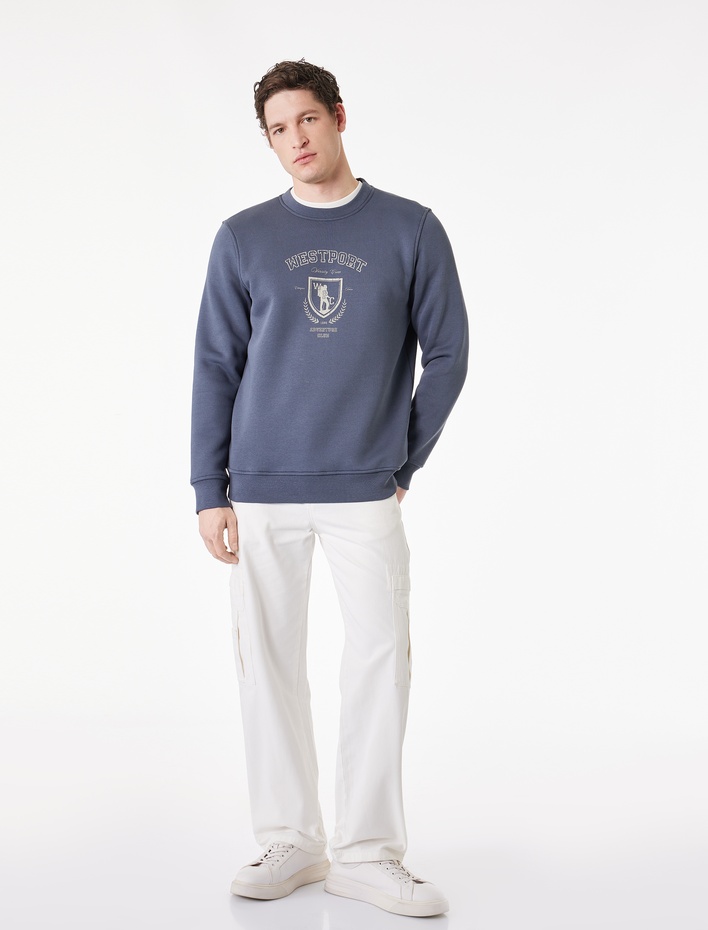  Uzun Kollu Şardonlu Baskılı Bisiklet Yaka Sweatshirt