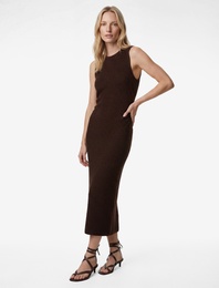 Slim Fit Bürümcük Kumaş Bisiklet Yaka Drapeli Kolsuz Midi Kalem Elbise