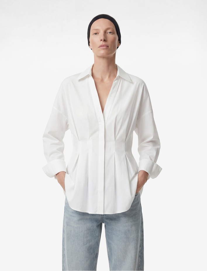  Pamuklu Uzun Kollu Pile Detaylı Poplin Gömlek