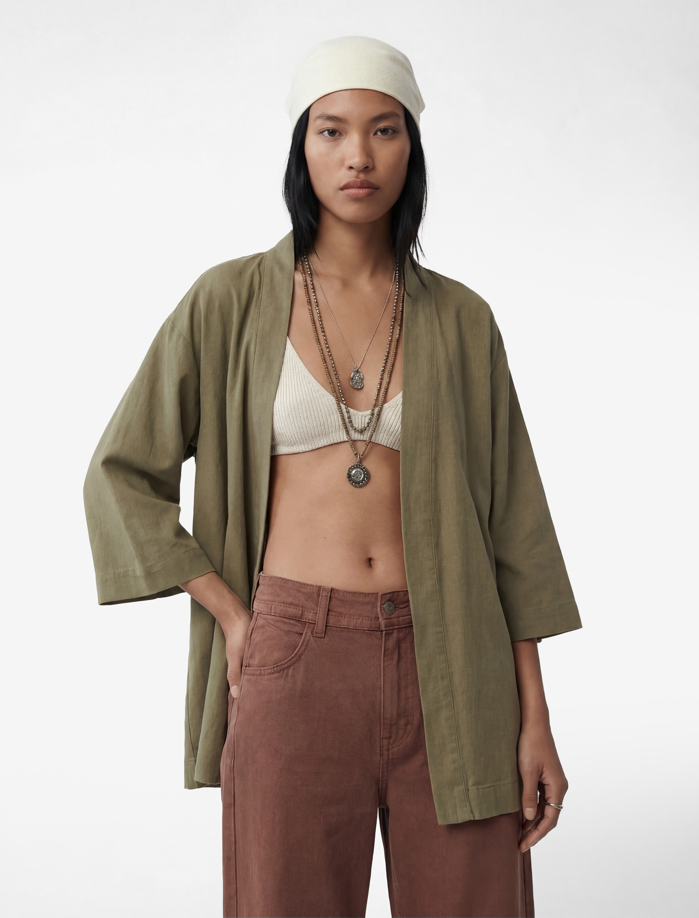   Kupro Viskon Kumaş Cepli 3/4 Kol Oversize Kimono