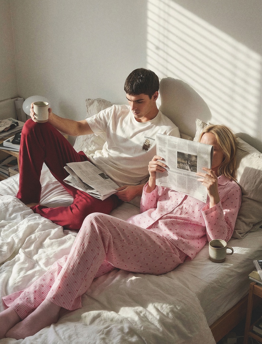 Koton Kadın Rahat Kalıp Kalp Desenli Bağcık Detaylı Dokuma Poplin Pijama Altı