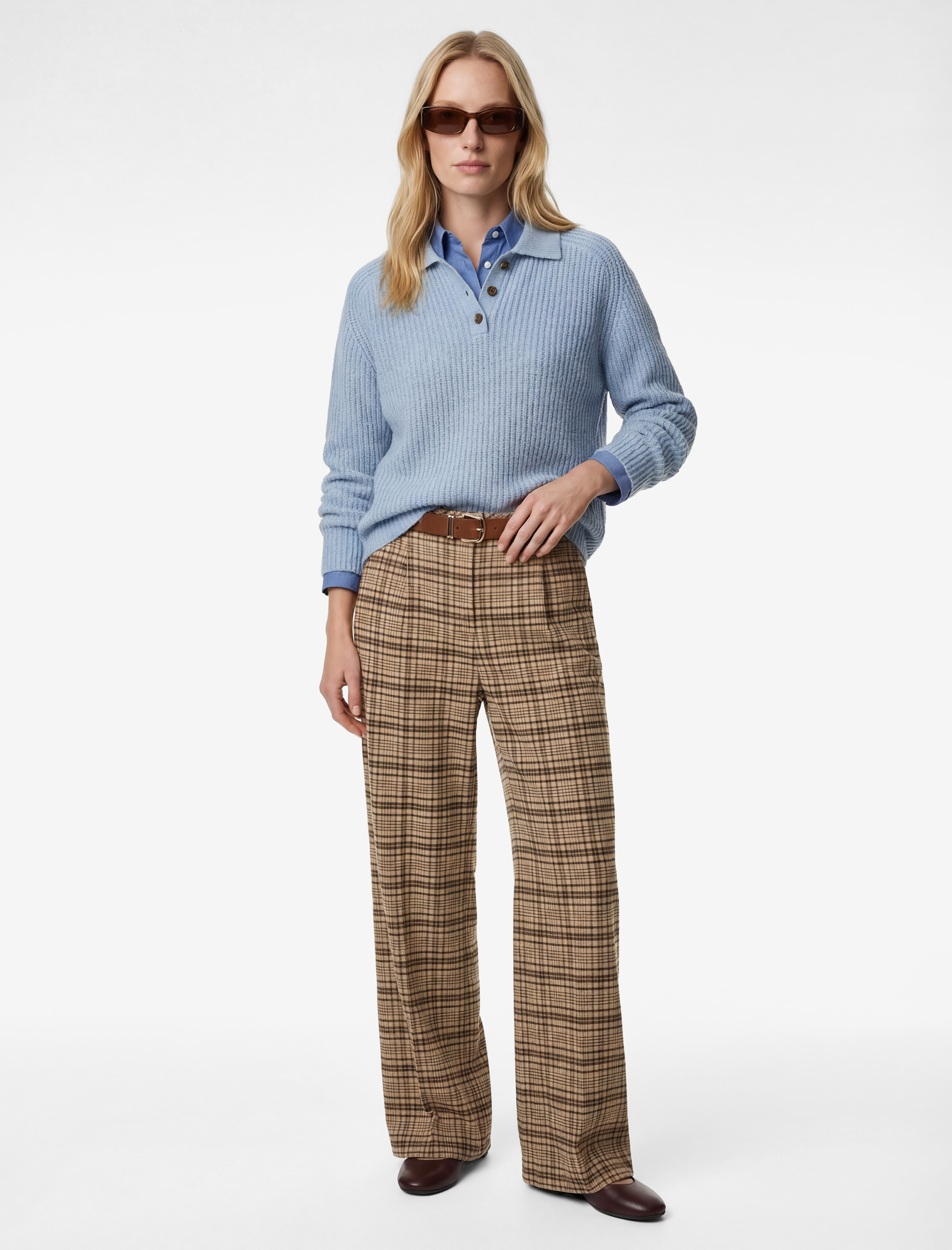   Cepli Pile Detaylı Kemerli Geniş Paça Ekose Pantolon