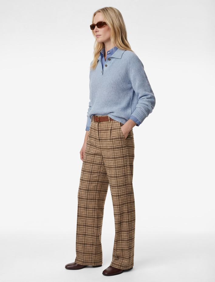  Cepli Pile Detaylı Kemerli Geniş Paça Ekose Pantolon